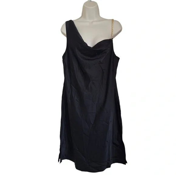 And Now This Black One Shoulder Cowl Neck Gold Chain Asymmetrical Satin Dress - Picture 2 of 12